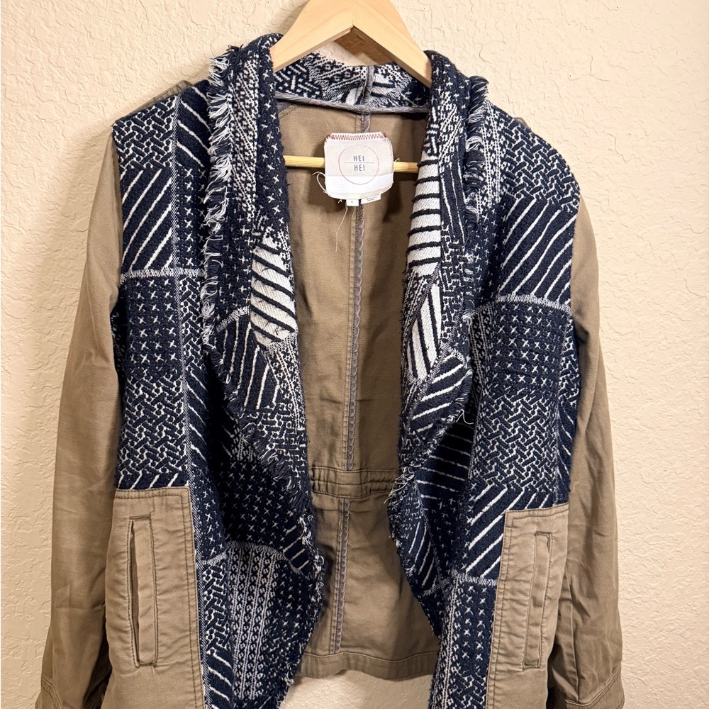 Stylish Tan  anthropologie Jacket with Blue Patterned Scarf